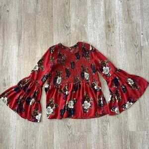 Womens mm mm mm Orange Floral Ruffle Blouse - L